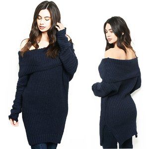 Women Navy Off the Shoulder Rib Hem Cable Knit Tunic Sweater Dress Top - S90202